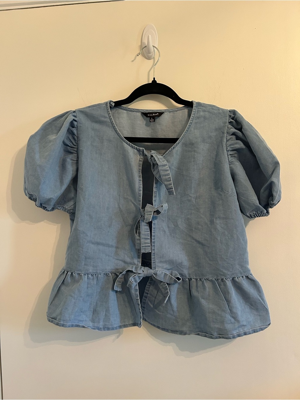 Tie-Front Puff Sleeve Chambray Blouse - Light Blue